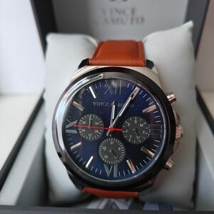 Vince‎ Camuto Men's Chronograph Watch Blue Three Dial Brown Vegan Leather Strap